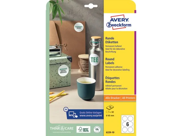Etikett AVERY papper Ø80mm vit 60/FP Erbjudandepris
