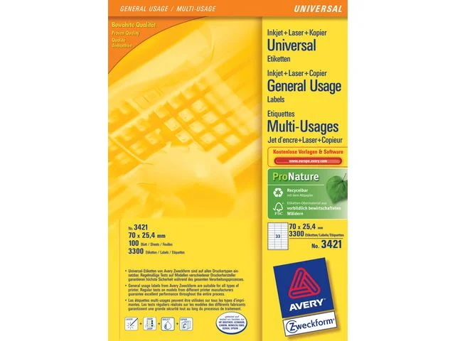Etikett AVERY Ultragri 70x25,4mm 3300/FP Rea